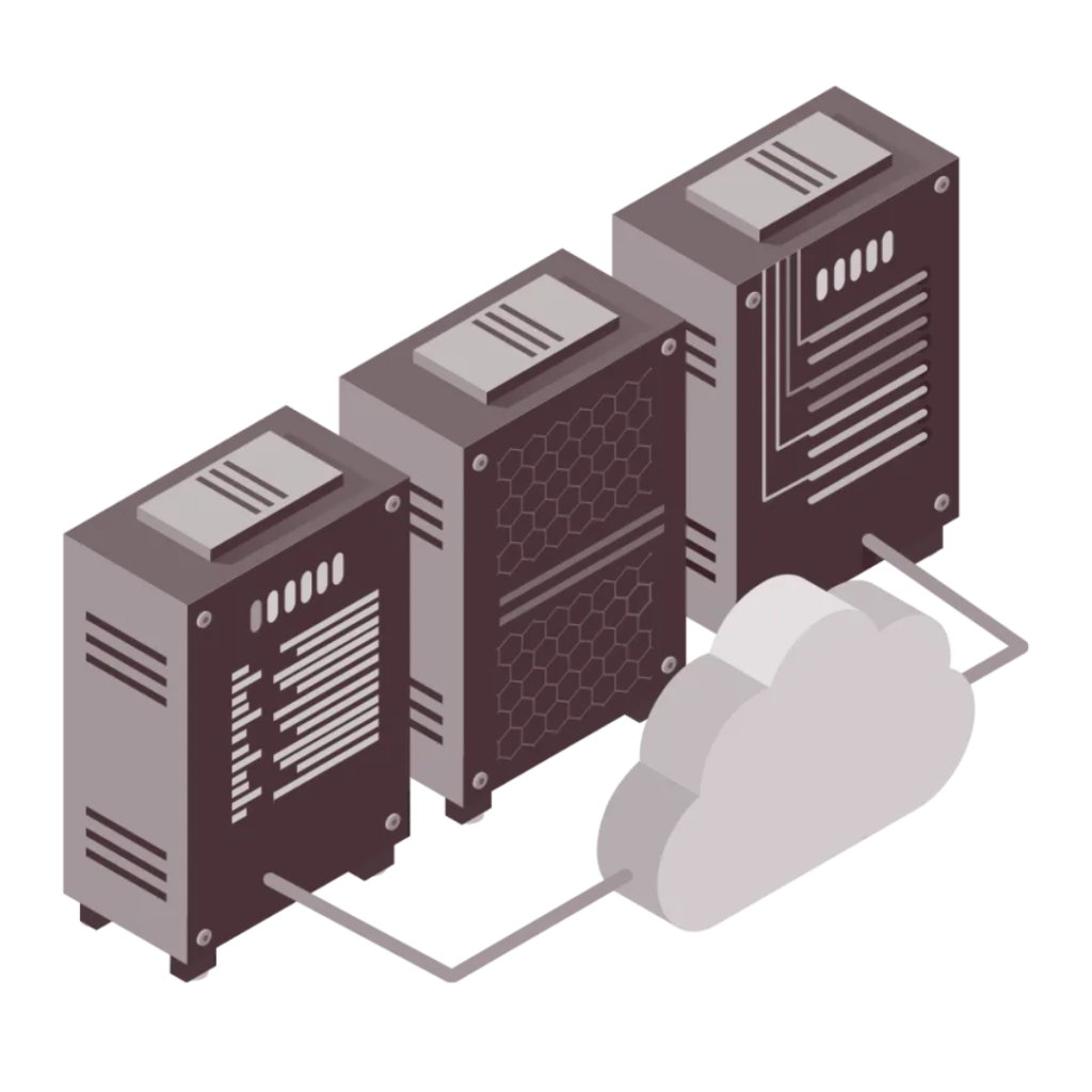 Three computer servers connected to a cloud, representing a network or cloud computing concept, shown against a green background.