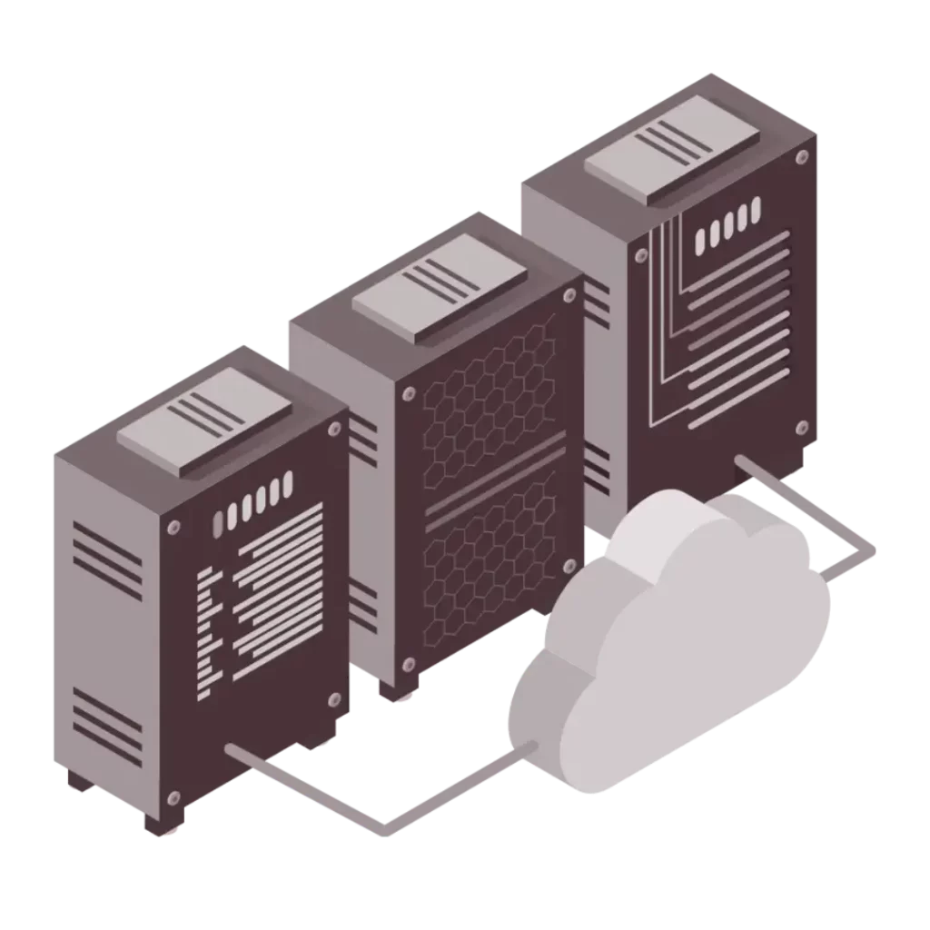 Three computer servers connected to a cloud, representing a network or cloud computing concept, shown against a green background. Servers in cloud represents disaster recovery.