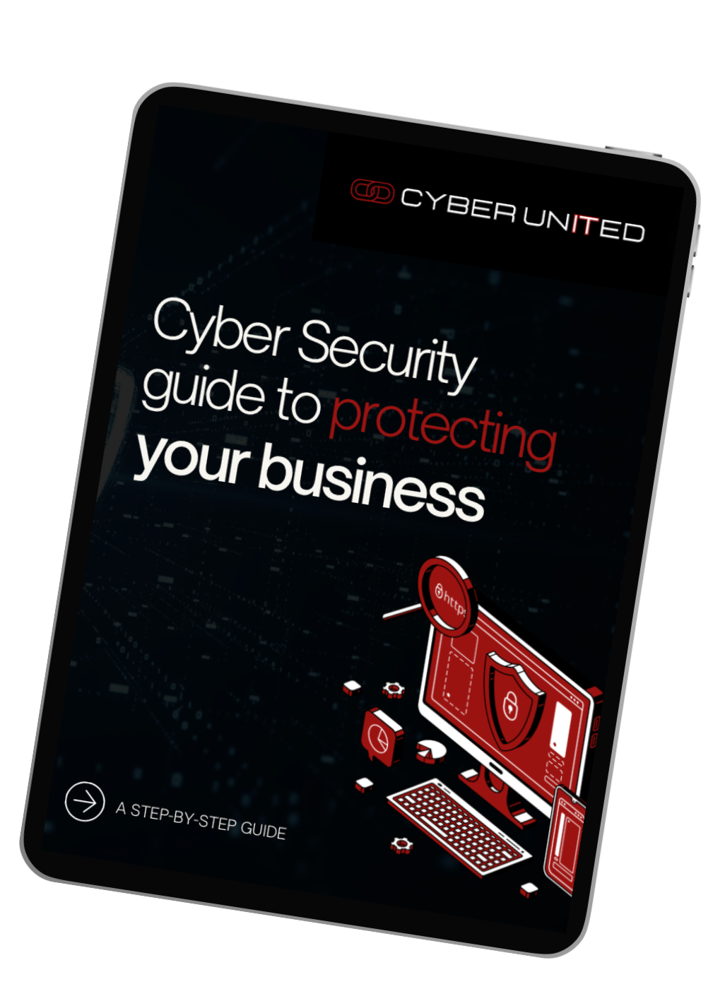 An illustrated tablet displays a cover of a "cyber security guide to protecting your business" e-book, featuring icons of a lock, computer, and documents, on a dark green background.