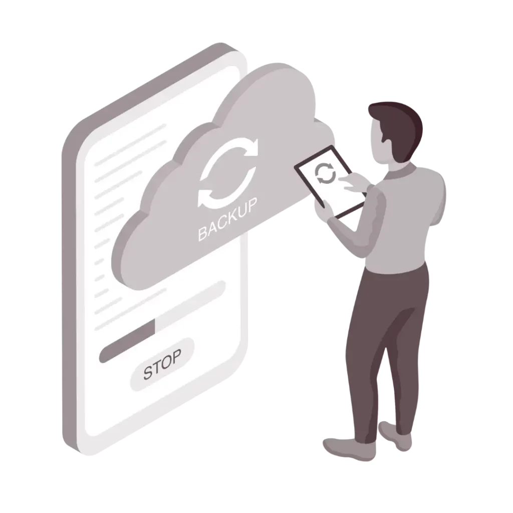 Cloud Backup 1 A person standing next to a large icon of a cloud labeled data backup, interacting with the cloud via a tablet. a stop button is visible at the bottom of the icon.