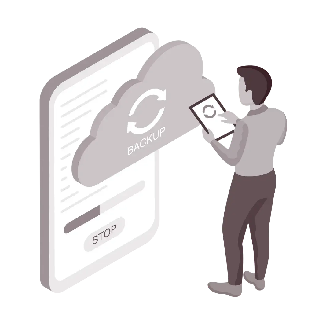 A person standing next to a large icon of a cloud labeled data backup, interacting with the cloud via a tablet. a stop button is visible at the bottom of the icon.