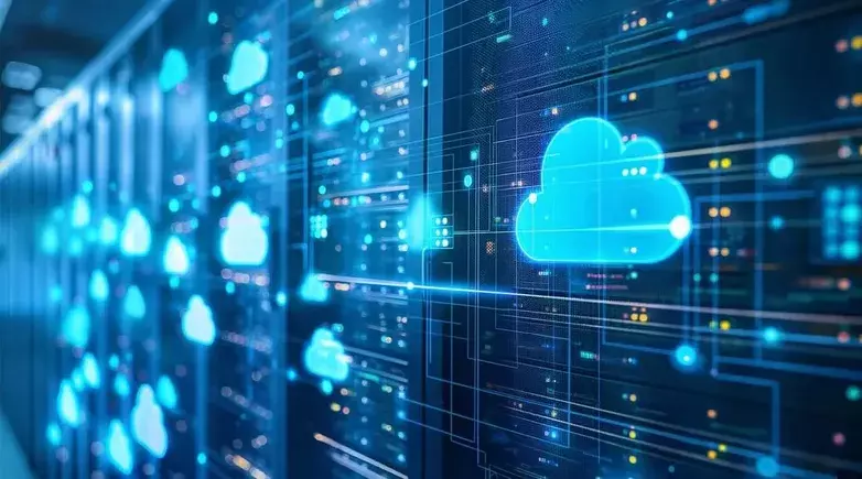 A futuristic server room is depicted with blue-lit data servers. Glowing cloud icons connected through digital lines float in the foreground, symbolizing cloud computing and data connectivity. The image conveys advanced technology and network infrastructure driven by modern cloud computing solutions.