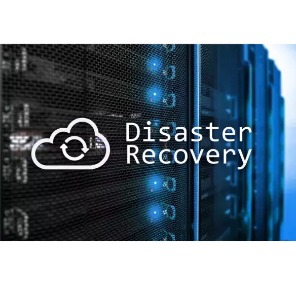 What is Disaster Recovery & Why is it Important? 2 Image of a server room with the text "Disaster Recovery" and a cloud icon featuring an arrow forming a circular shape. The servers, illuminated with blue lights, highlight disaster recovery and data protection services. Used on blog post for what is disaster recovery and information on a disaster recovery plan.