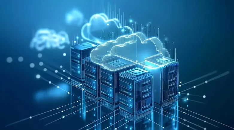 A digital illustration depicting cloud computing technology. It shows several cloud icons and cloud services above servers, interconnected with glowing lines and nodes, symbolizing data transfer and networking in a modern, tech-centric design. The background is a gradient blue.