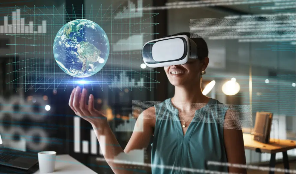 The Rise of AI in IT: How Artificial Intelligence is Changing Business Operations 2 Woman with VR helmet on with AI globe in her hand for AI in IT post