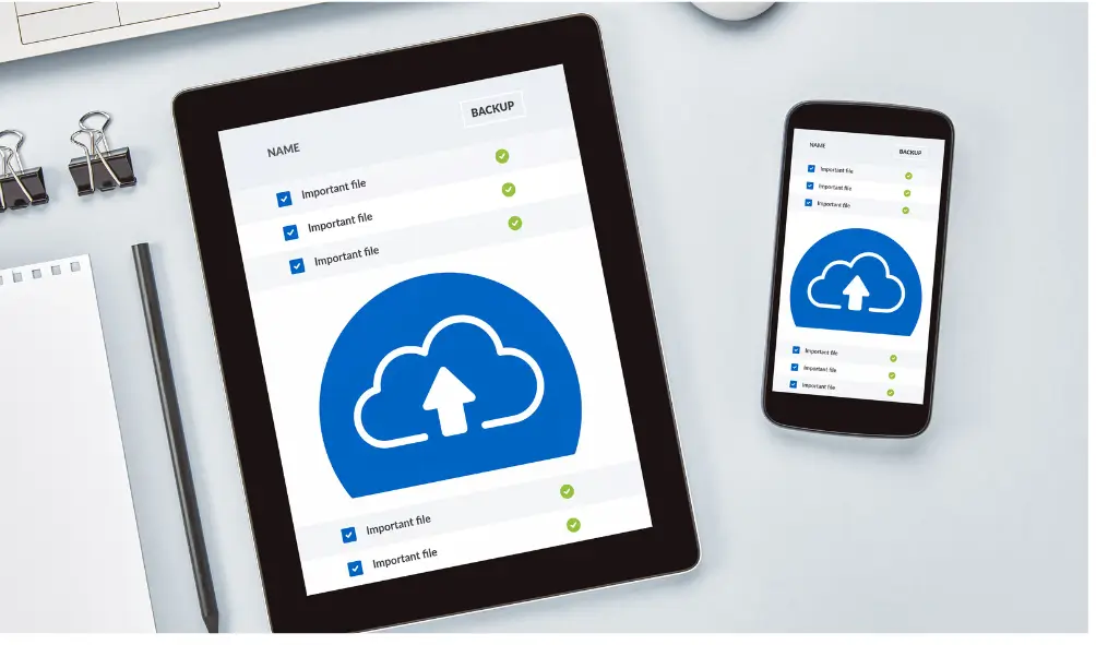 Tablet and mobile being backed up to Microsoft as part of Microsoft 365 backup service