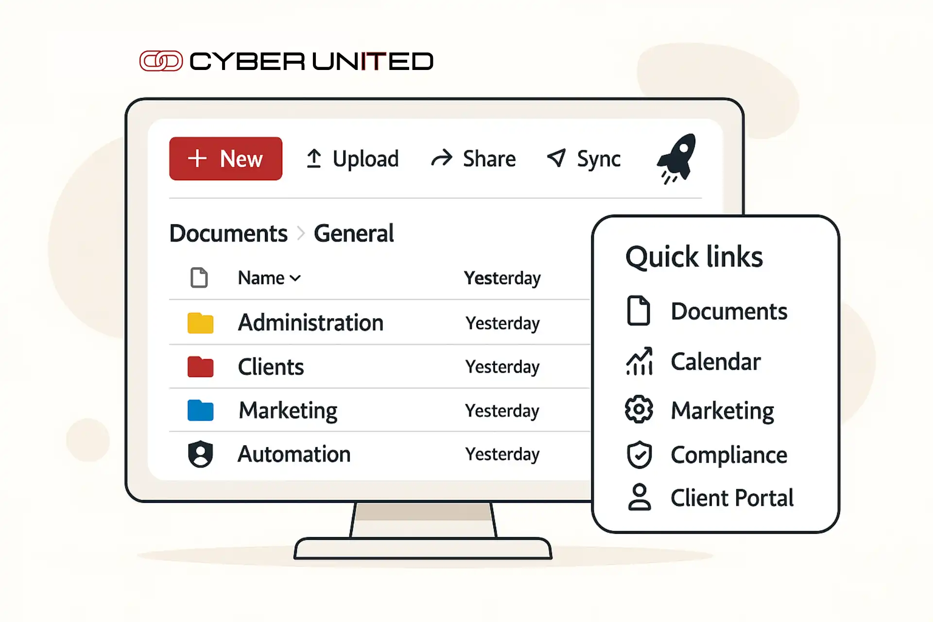 10x business system interface showing folders for Administration, Clients, Finance, and Marketing with quick links to Documents, Calendar, Marketing, Compliance, and Client Portal, highlighted by a rocket icon.