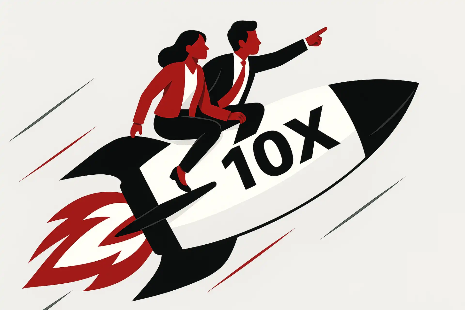 10X package illustration of two business professionals riding a rocket labelled 10X, symbolising exponential business growth.
