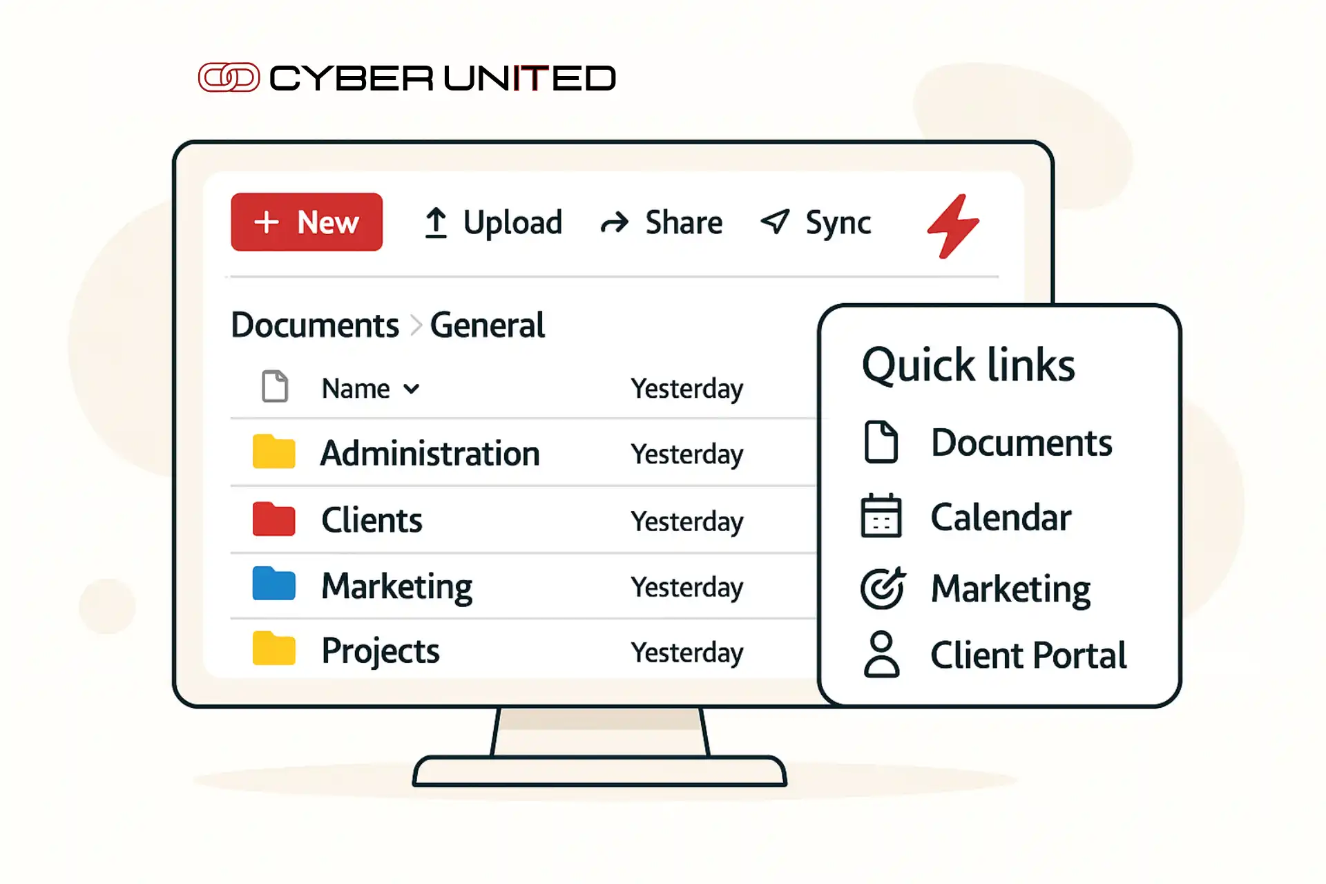 Accelerate package dashboard with folders for Administration, Clients, Marketing, and Projects, featuring quick links to Documents, Calendar, and Client Portal, highlighted by a red lightning bolt icon.