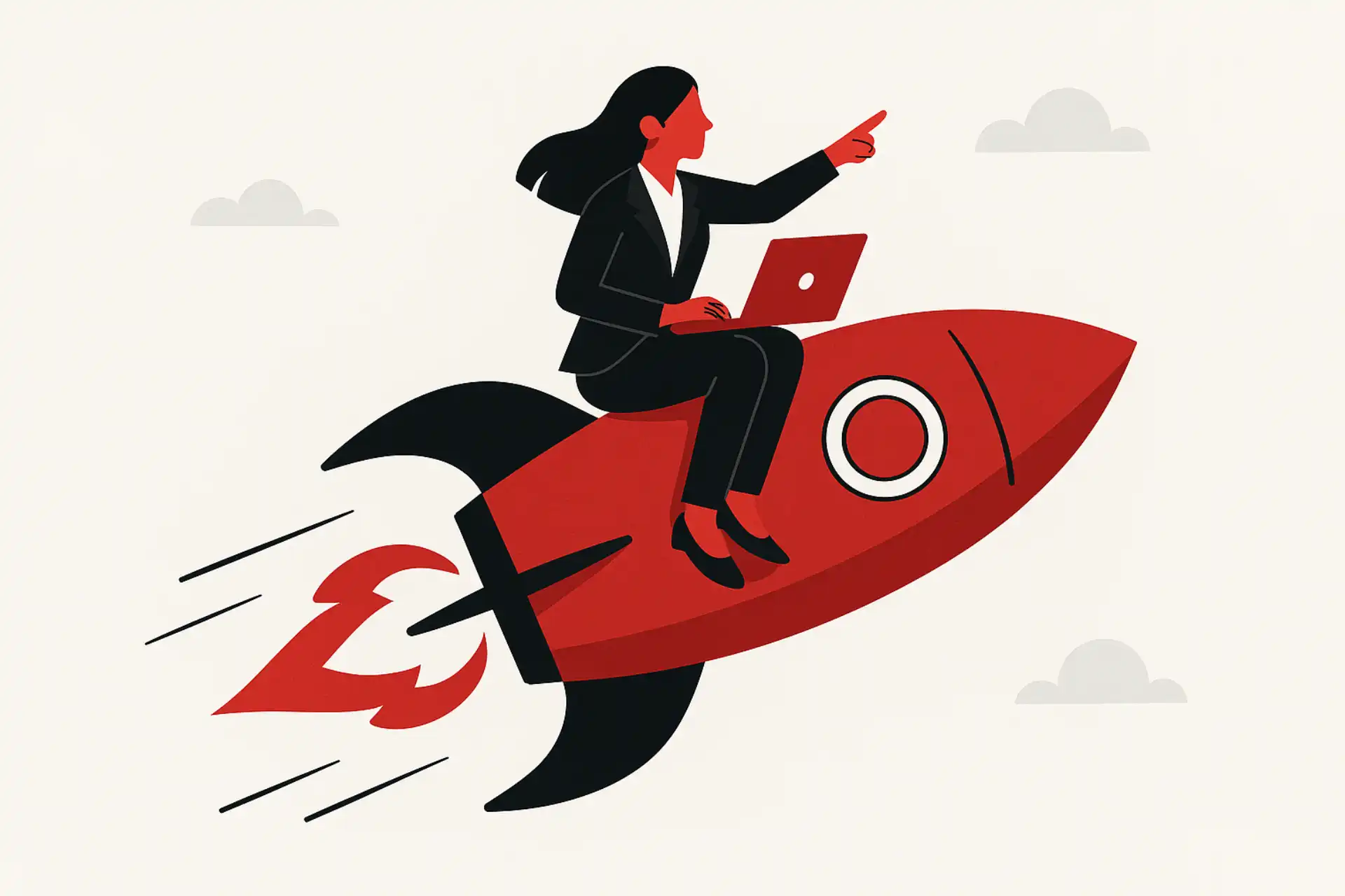 Accelerate package illustration of a businesswoman on a red rocket with a laptop, representing rapid business growth and efficiency.