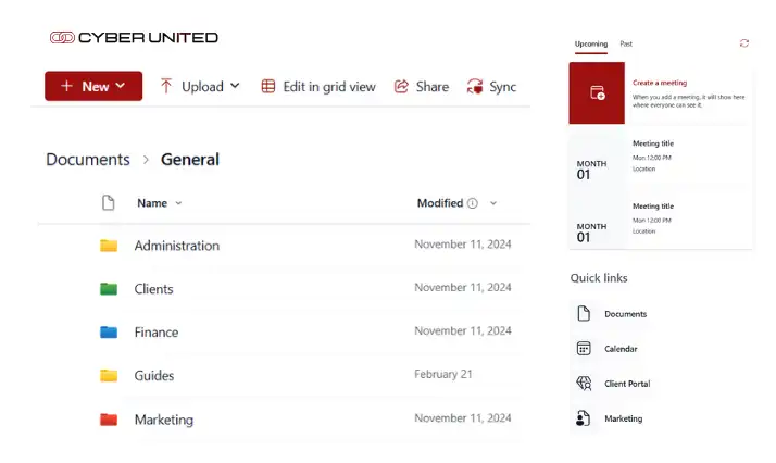 Cyber United dashboard showing a document management system with folders for Administration, Clients, Finance, Guides, and Marketing. On the right, a meeting reminder panel is displayed along with quick links to Documents, Calendar, Client Portal, and Marketing. Example of all-in-one-business-platform