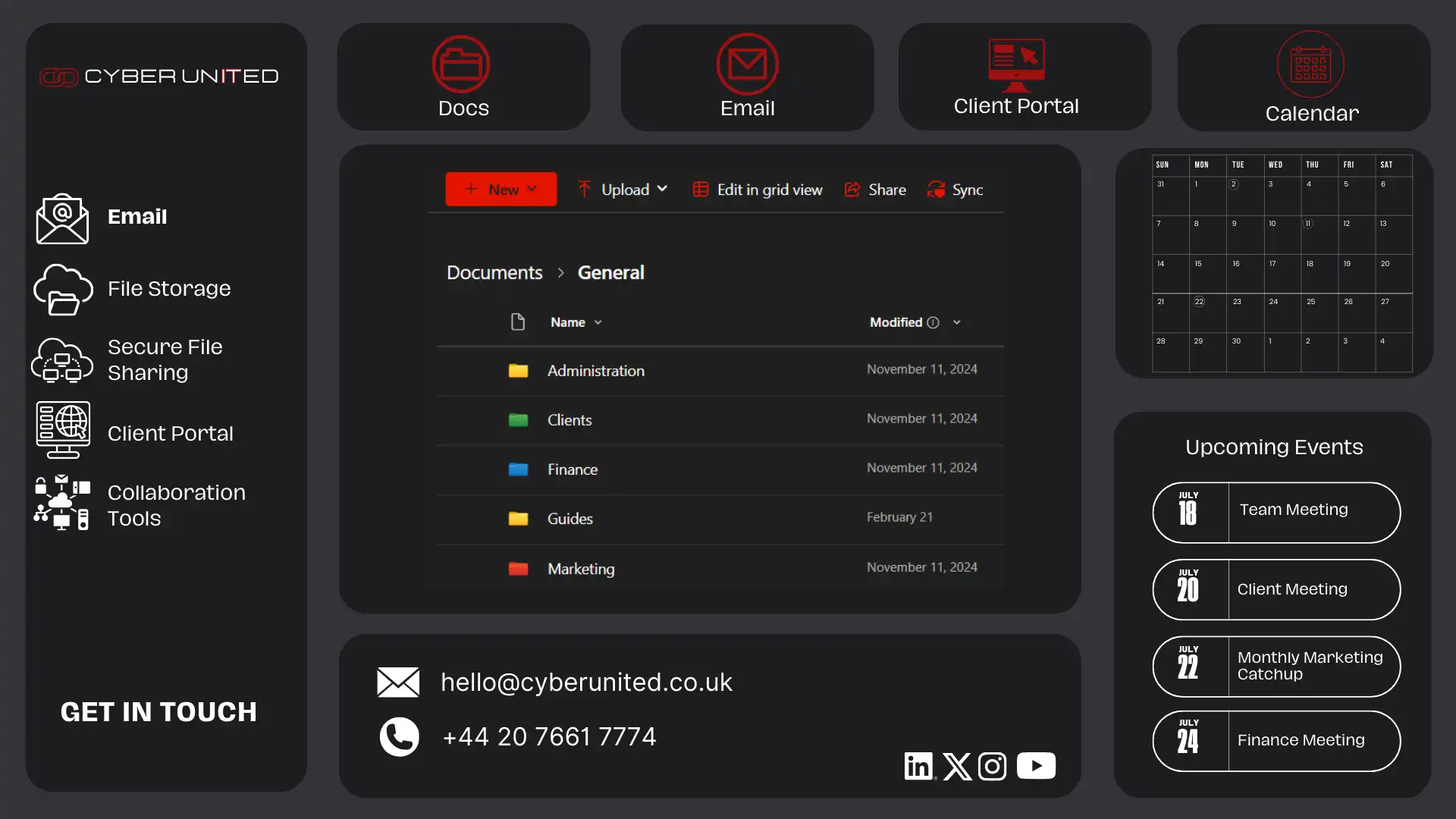 A dark-themed Cyber United example dashboard with red highlights. The left sidebar shows navigation options for Email, File Storage, Secure File Sharing, Client Portal, and Collaboration Tools. The main section displays a documents panel with folders for Administration, Clients, Finance, Guides, and Marketing. On the right, a calendar widget is shown above an Upcoming Events list with scheduled meetings. At the bottom, contact information and social media icons for LinkedIn, X, Instagram, and YouTube are displayed.