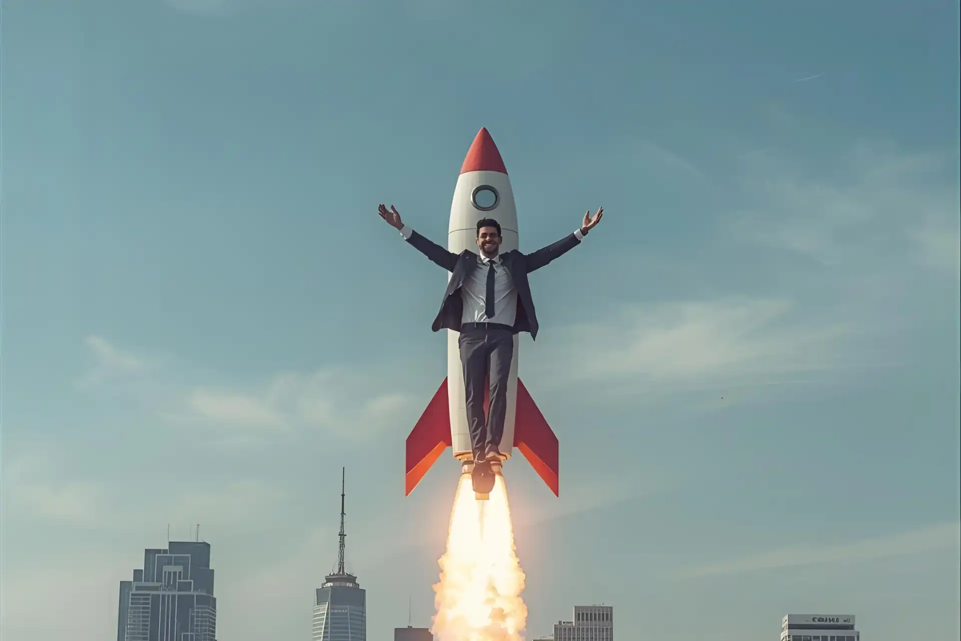 Businessman on rocket symbolising rapid growth powered by all-in-one business solutions.