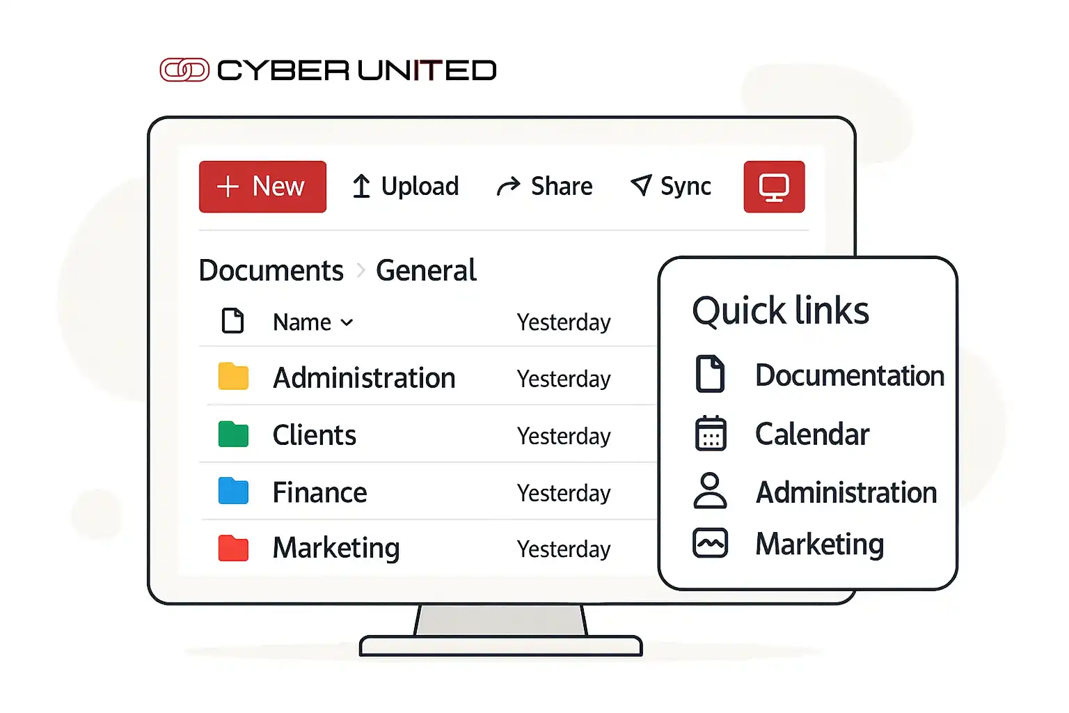 Streamline business system interface with folders for Administration, Clients, Finance, and Marketing, and quick links to Documents, Calendar, and Administration.