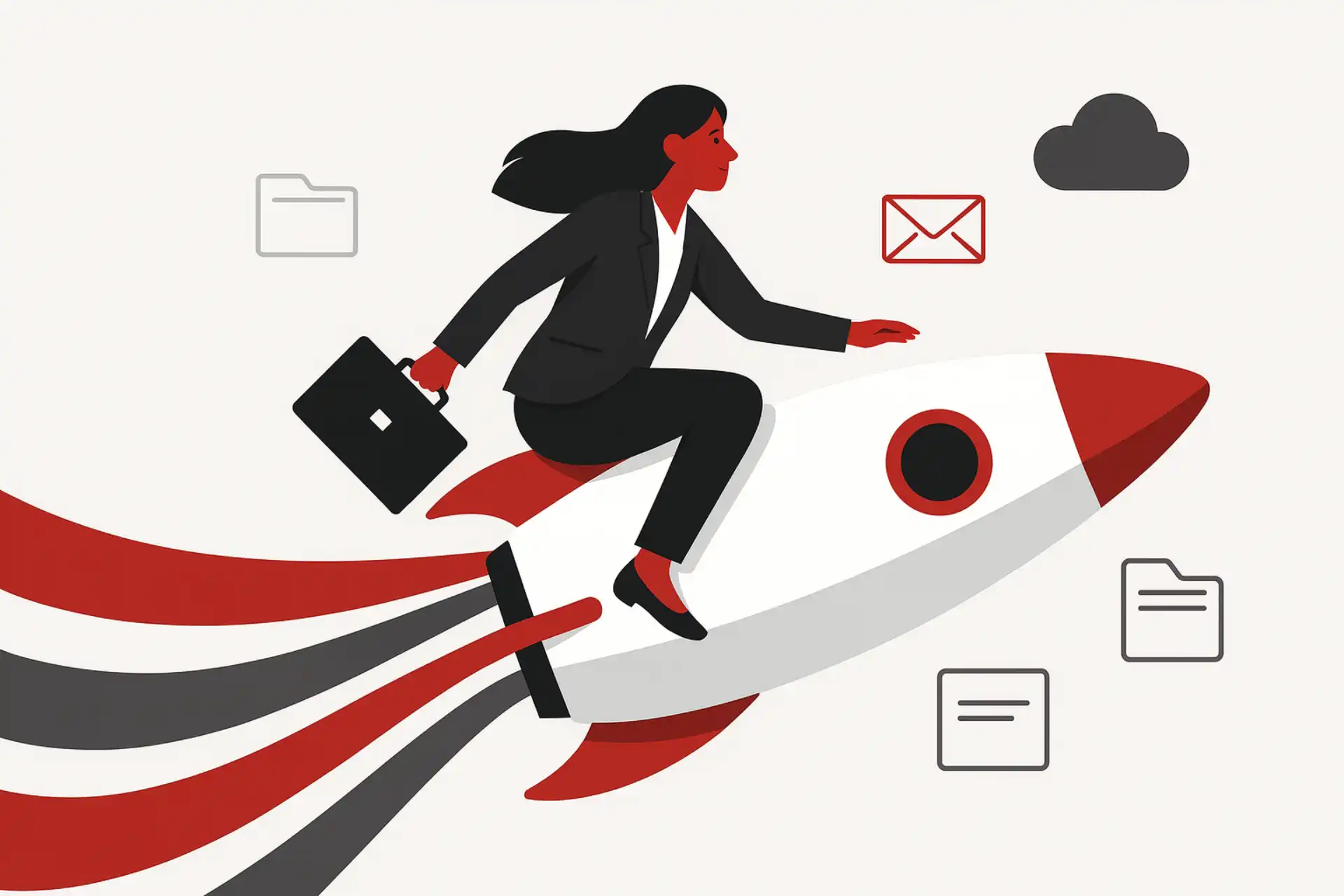 Streamline package illustration of a businesswoman on a rocket carrying a briefcase, with digital icons symbolising simplified business systems.